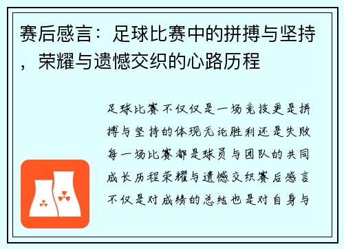赛后感言：足球比赛中的拼搏与坚持，荣耀与遗憾交织的心路历程