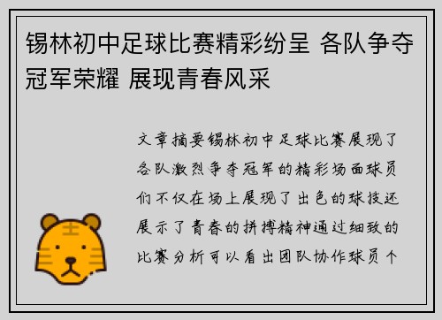 锡林初中足球比赛精彩纷呈 各队争夺冠军荣耀 展现青春风采