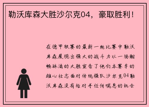 勒沃库森大胜沙尔克04，豪取胜利！