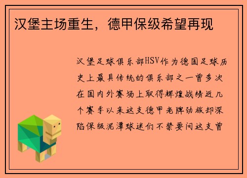 汉堡主场重生，德甲保级希望再现