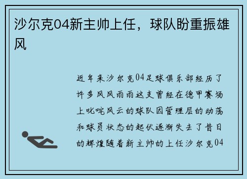 沙尔克04新主帅上任，球队盼重振雄风