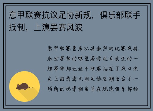 意甲联赛抗议足协新规，俱乐部联手抵制，上演罢赛风波