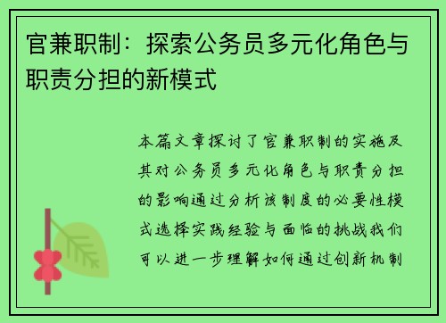 官兼职制：探索公务员多元化角色与职责分担的新模式