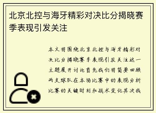 北京北控与海牙精彩对决比分揭晓赛季表现引发关注