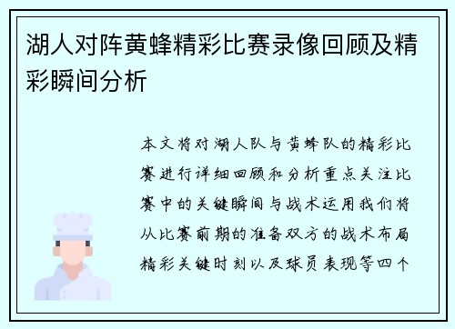 湖人对阵黄蜂精彩比赛录像回顾及精彩瞬间分析