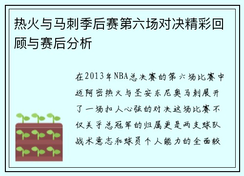 热火与马刺季后赛第六场对决精彩回顾与赛后分析