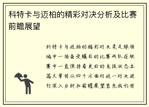 科特卡与迈柏的精彩对决分析及比赛前瞻展望