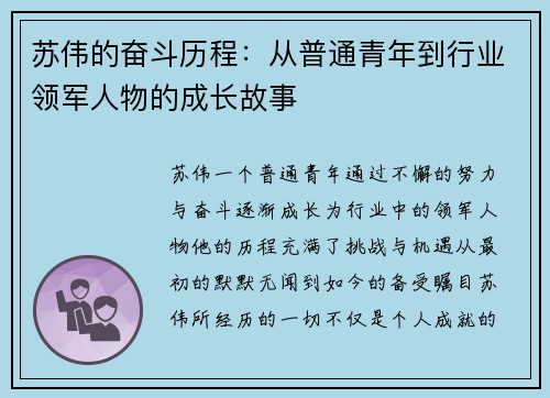 苏伟的奋斗历程：从普通青年到行业领军人物的成长故事
