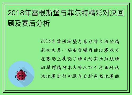 2018年雷根斯堡与菲尔特精彩对决回顾及赛后分析