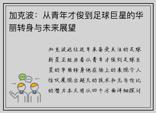 加克波：从青年才俊到足球巨星的华丽转身与未来展望