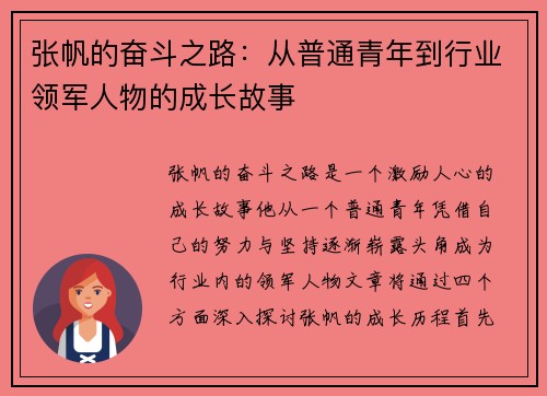 张帆的奋斗之路：从普通青年到行业领军人物的成长故事