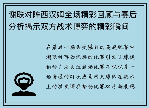 谢联对阵西汉姆全场精彩回顾与赛后分析揭示双方战术博弈的精彩瞬间