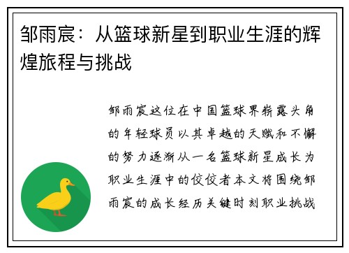 邹雨宸：从篮球新星到职业生涯的辉煌旅程与挑战