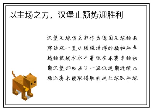 以主场之力，汉堡止颓势迎胜利