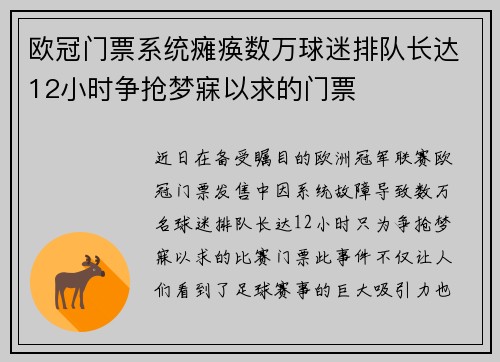欧冠门票系统瘫痪数万球迷排队长达12小时争抢梦寐以求的门票