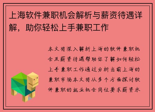 上海软件兼职机会解析与薪资待遇详解，助你轻松上手兼职工作