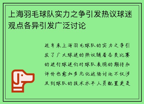 上海羽毛球队实力之争引发热议球迷观点各异引发广泛讨论