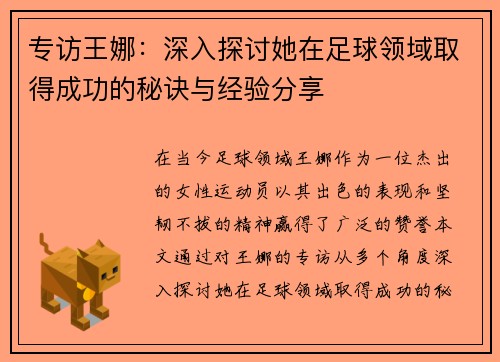 专访王娜：深入探讨她在足球领域取得成功的秘诀与经验分享