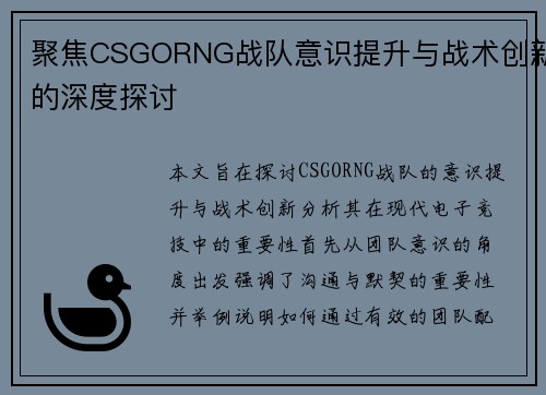 聚焦CSGORNG战队意识提升与战术创新的深度探讨